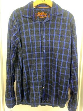 Lucky Brand Blue & Black Plaid Shirt with Orange Embroidery